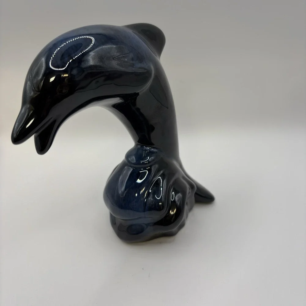 Vintage Blue Black Glazed Ceramic Dolphin Figurine  7